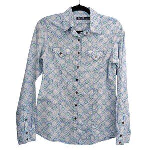 CRUEL Women's Printed Long Sleeve Western Snap Shirt Size M Rodeo Cowgirl Blue